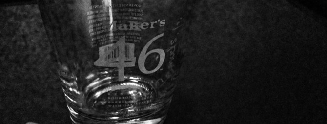 Black and white photo of a bottle of Maker's 46